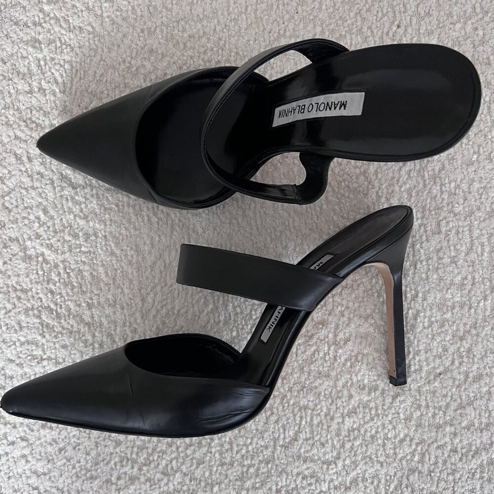 MANOLO BLAHNIK SUSA 105 Black Leather Mules Heels Pumps